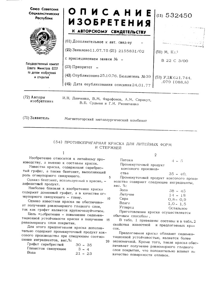 Противопригарная краска для литейных форм и стержней (патент 532450)