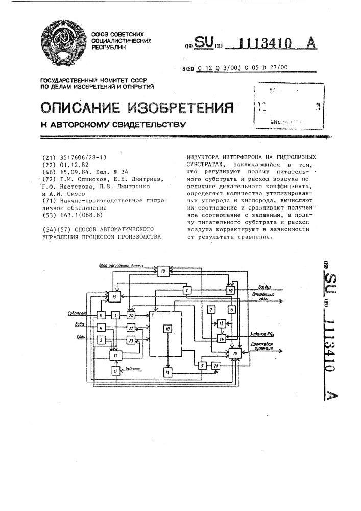 Способ автоматического управления процессом производства индуктора интерферона на гидролизных субстратах (патент 1113410)