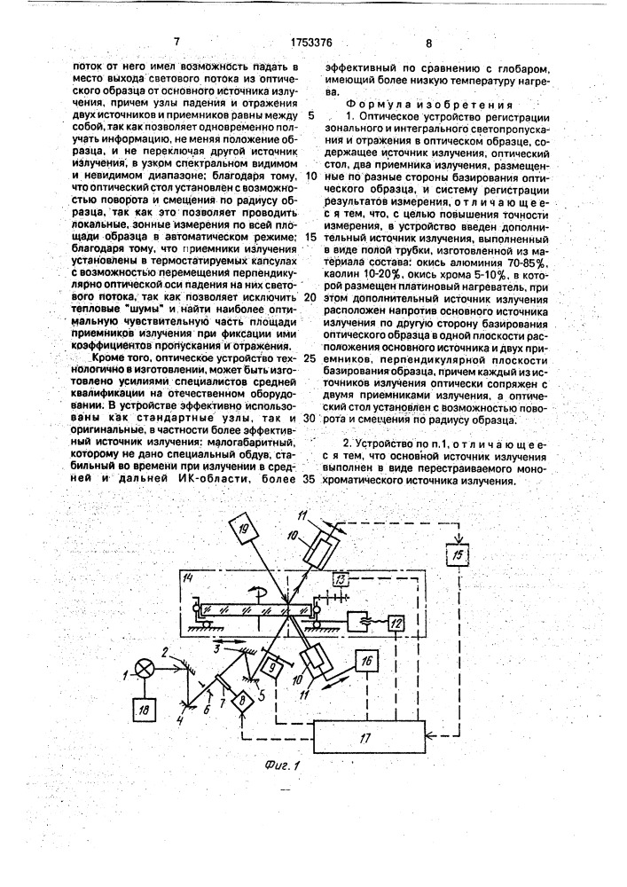 Оптическое устройство регистрации зонального и интегрального светопропускания и отражения в оптическом образце (патент 1753376)