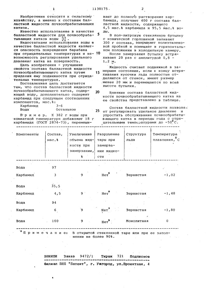 Состав балластной жидкости почвообрабатывающего катка (патент 1130175)