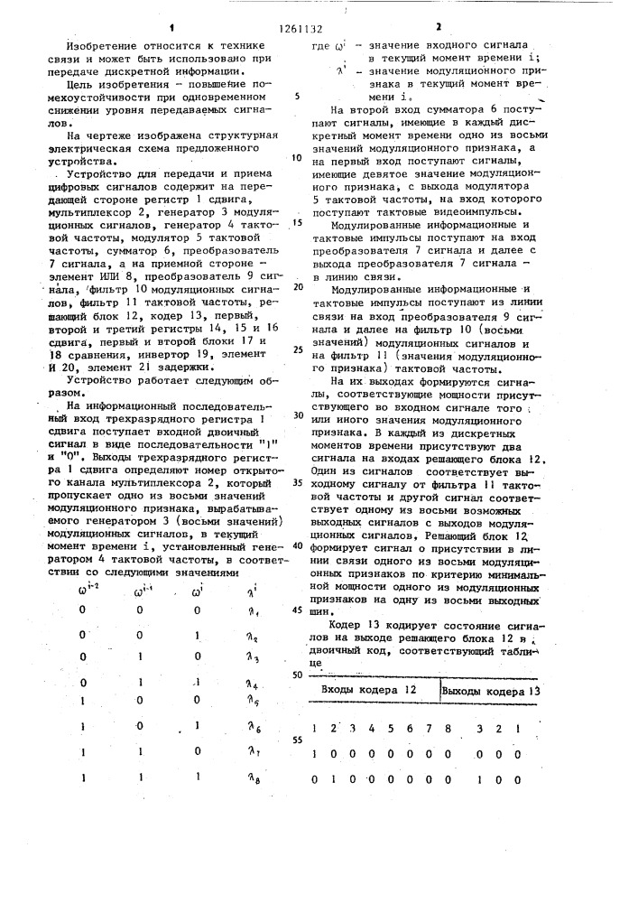 Устройство для передачи и приема цифровых сигналов (патент 1261132)