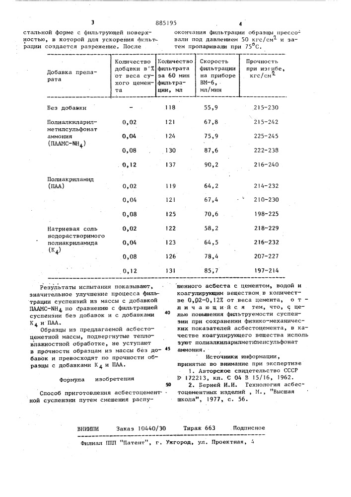 Способ приготовления асбестоцементной суспензии (патент 885195)