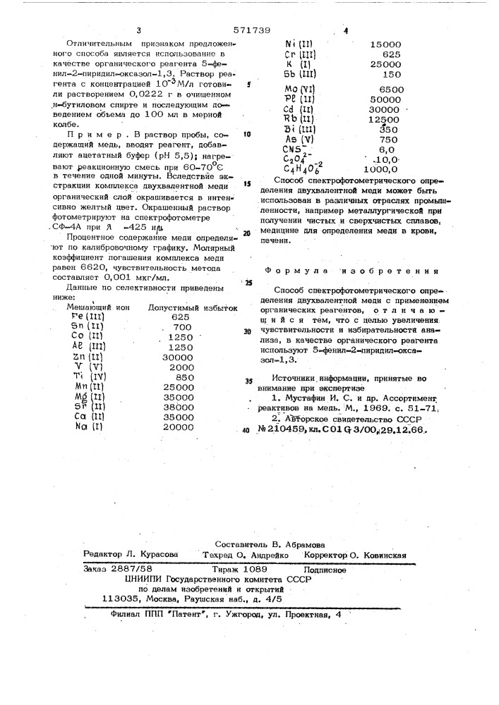 Способ спектрофотометрического определения двухвалентной меди (патент 571739)