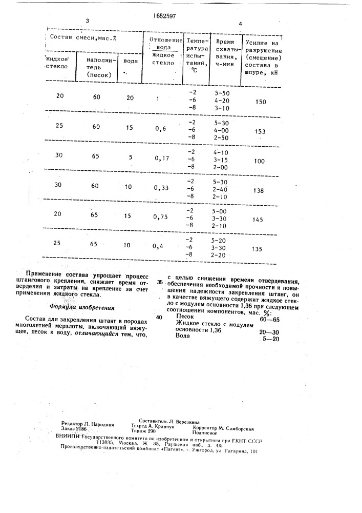 Состав для закрепления штанг в породах многолетней мерзлоты (патент 1652597)