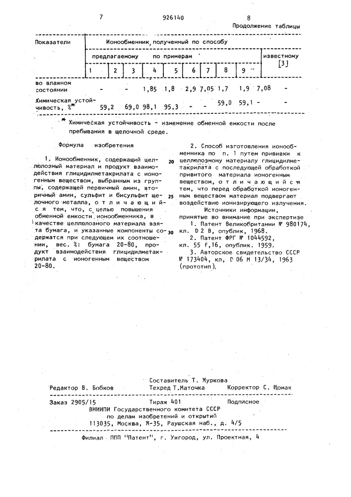 Ионообменник и способ его изготовления (патент 926140)