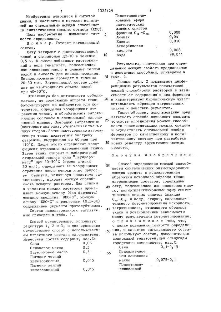 Способ определения моющей способности синтетических энзимсодержащих моющих средств (патент 1322129)