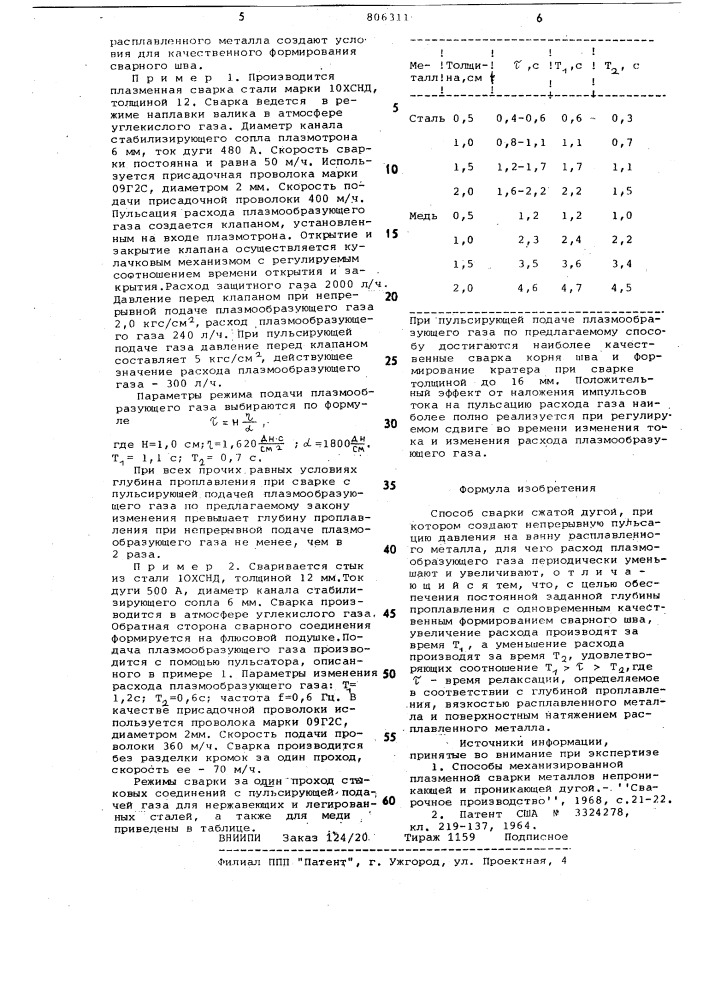 Способ сварки сжатой дугой (патент 806311)