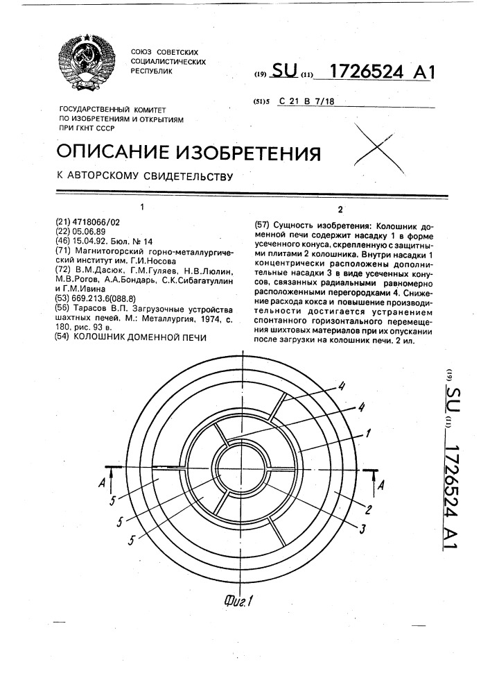 Колошник доменной печи (патент 1726524)