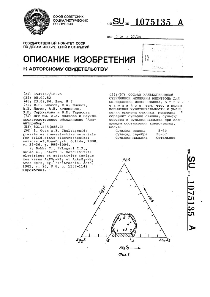 Состав халькогенидной стеклянной мембраны электрода для определения ионов свинца (патент 1075135)