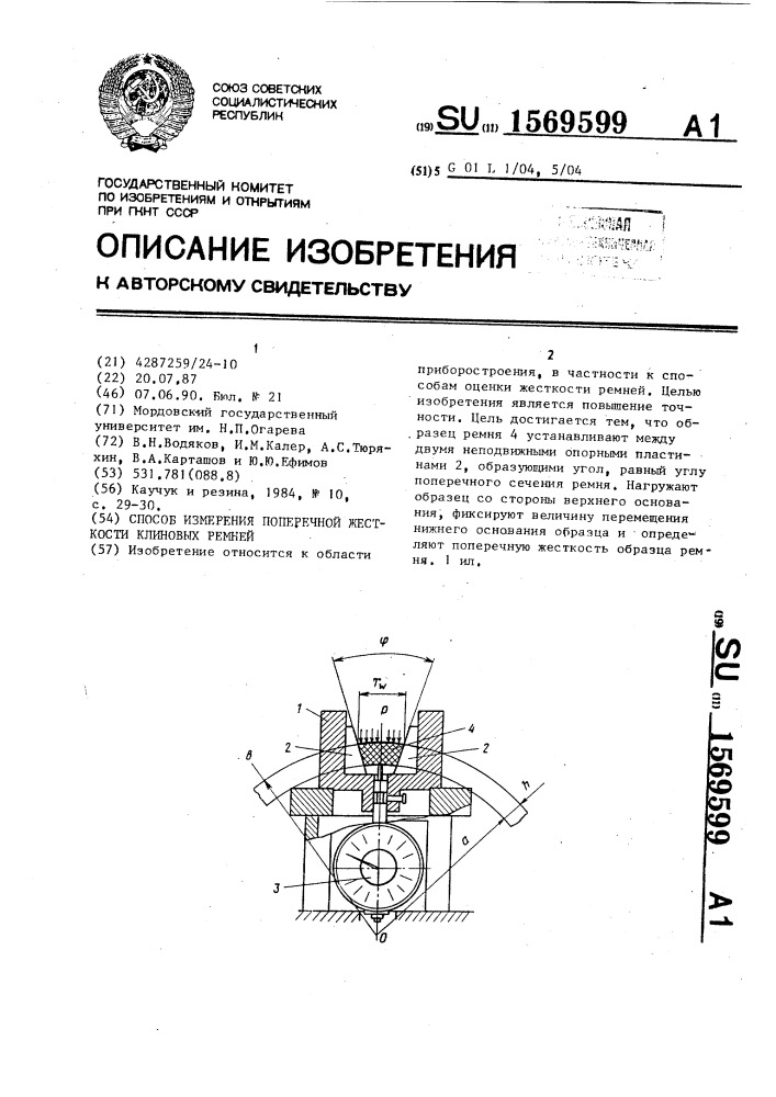 Способ измерения поперечной жесткости клиновых ремней (патент 1569599)