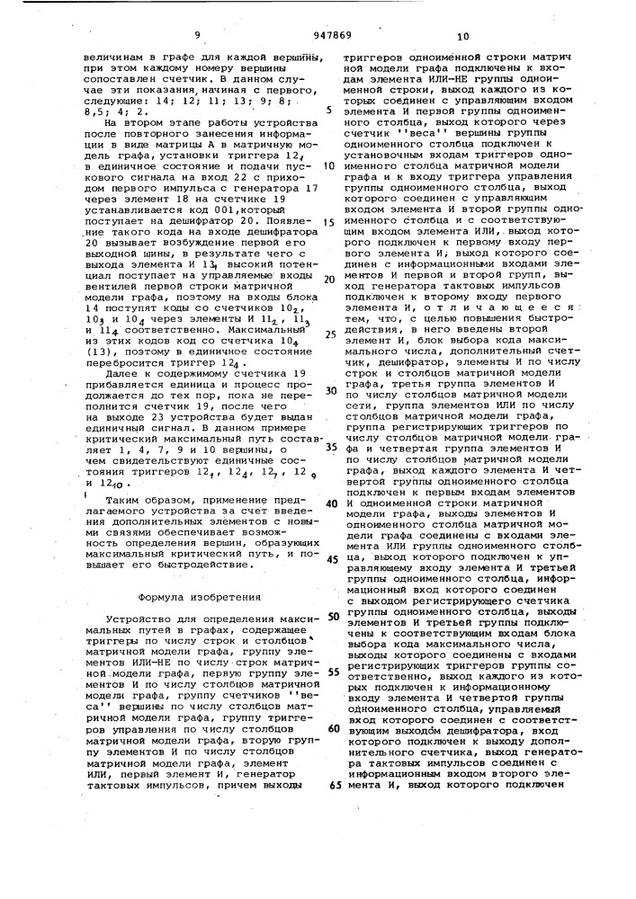 Устройство для определения максимальных путей в графах (патент 947869)
