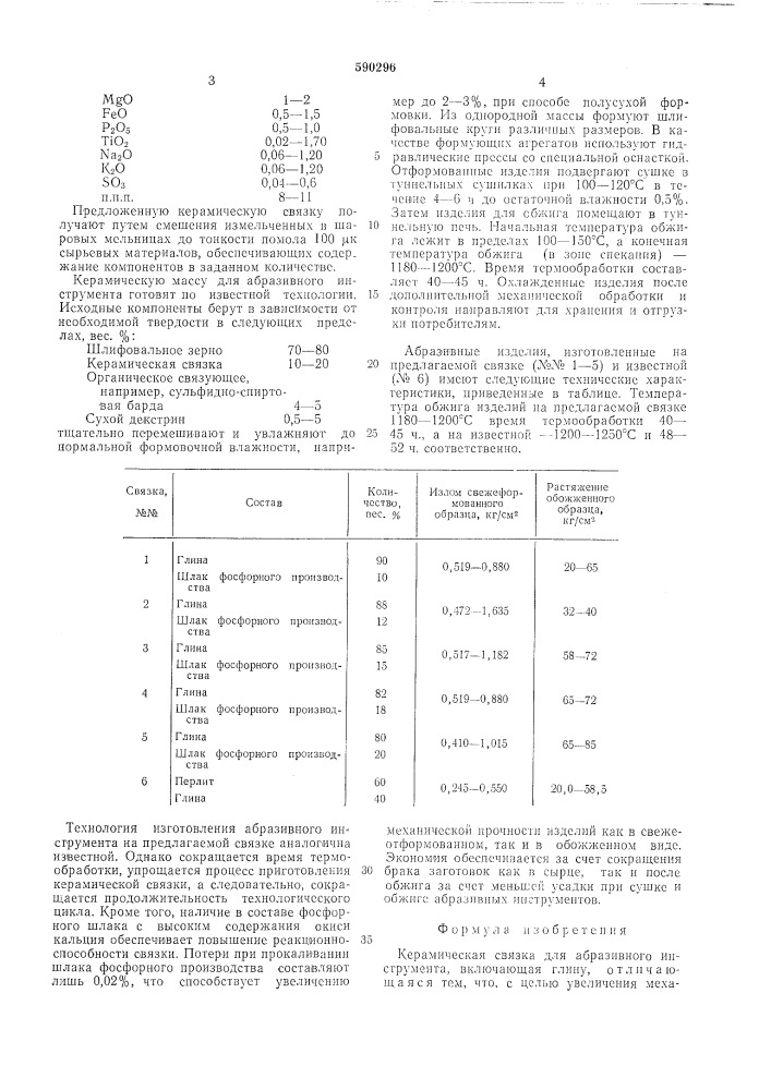 Керамическая связка для абразивного инструмента (патент 590296)