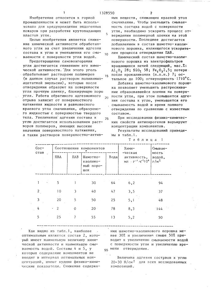 Состав для профилактики эндогенных пожаров (патент 1328550)