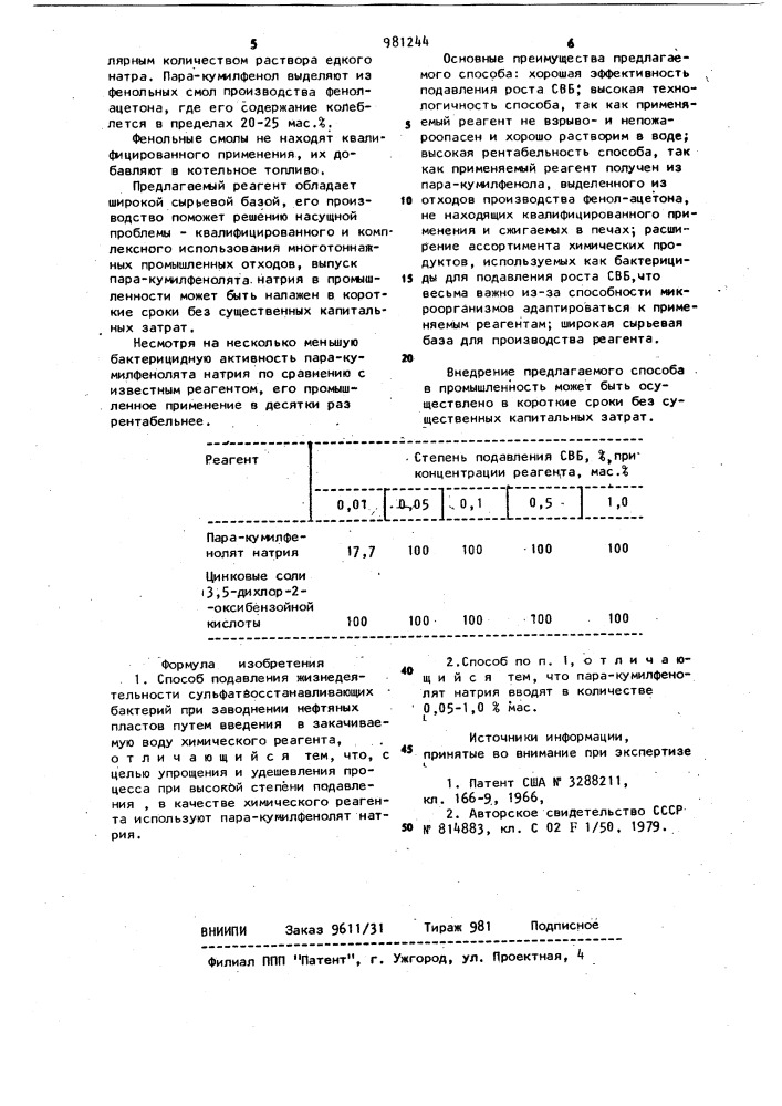 Способ подавления жизнедеятельности сульфатвосстанавливающих бактерий (патент 981244)