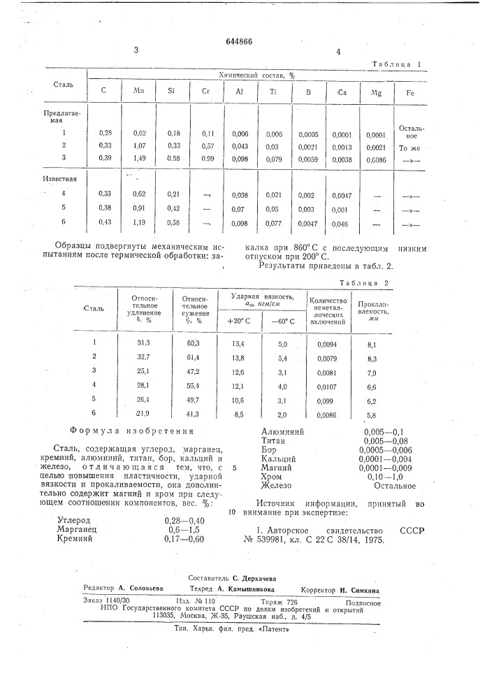 Сталь (патент 644866)