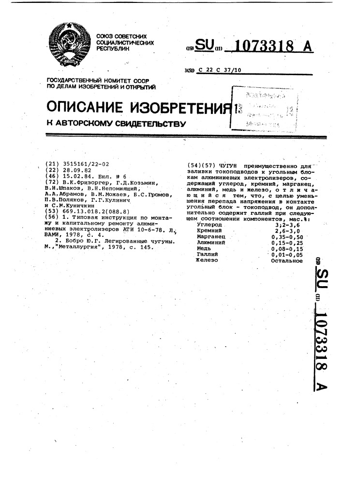 Чугун (патент 1073318)