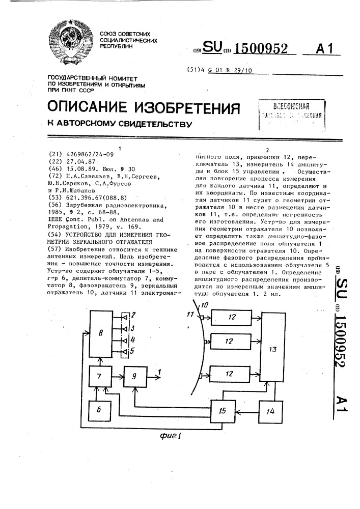 Устройство для измерения геометрии зеркального отражателя (патент 1500952)