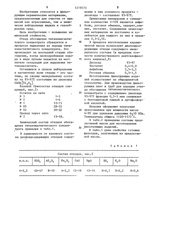 Керамическая масса для изготовления фильтрующих изделий (патент 1219573)