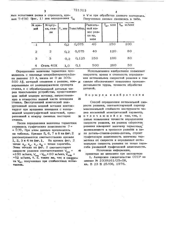 Способ в.н.воробьева определения оптимальной скорости резания (патент 721313)