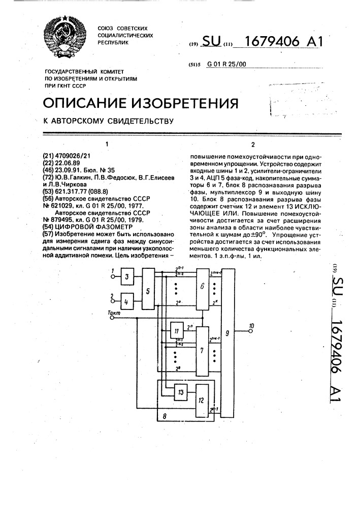 Цифровой фазометр (патент 1679406)