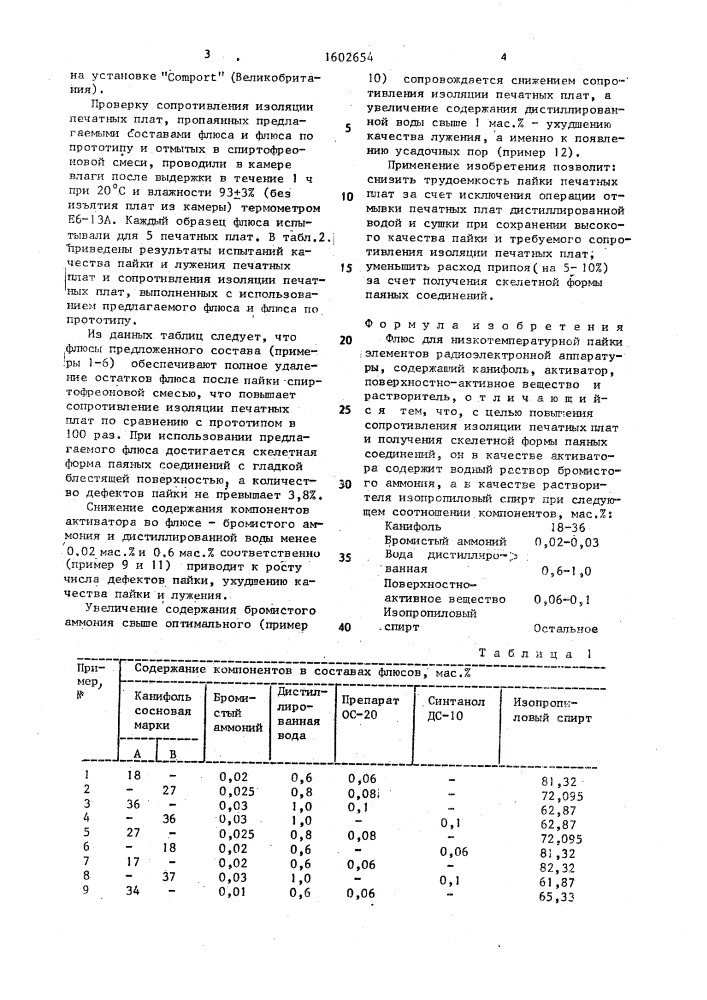 Флюс для низкотемпературной пайки элементов радиоэлектронной аппаратуры (патент 1602654)