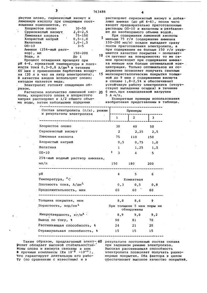 Электролит для нанесения покрытий сплавом олово-висмут (патент 763486)