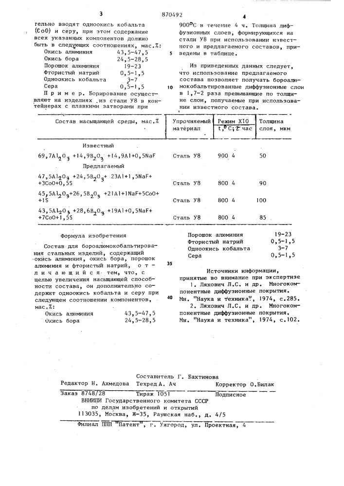 Состав для бороалюмокобальтирования стальных изделий (патент 870492)
