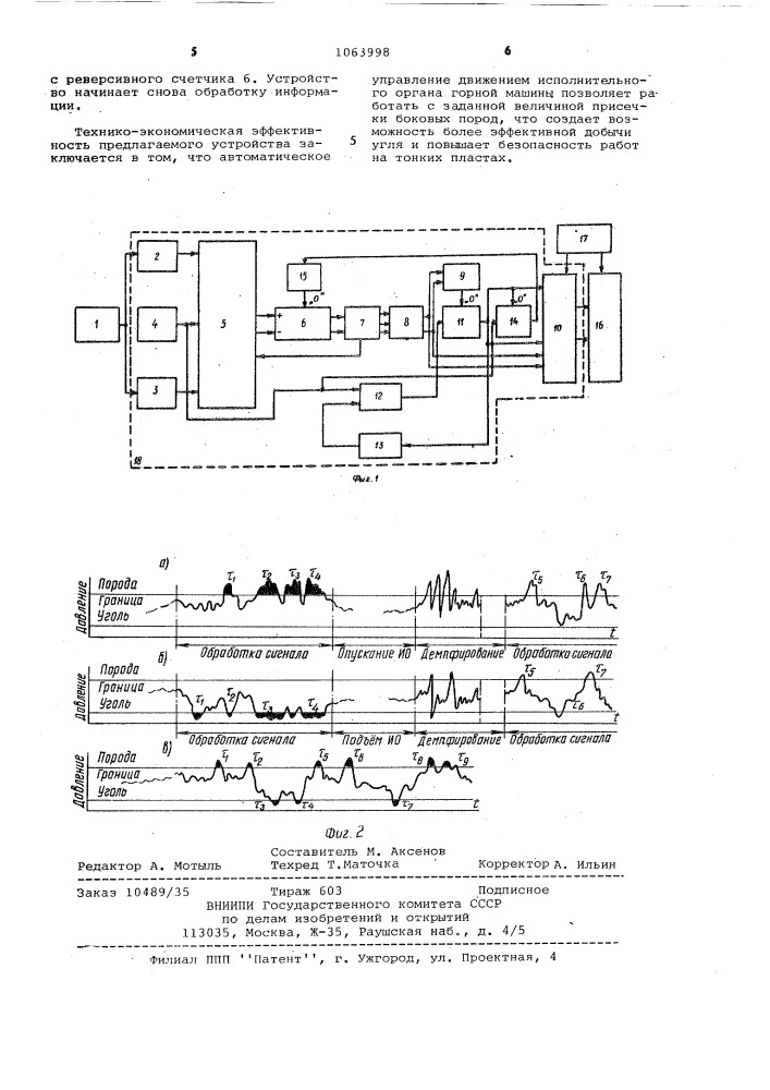 Устройство автоматического управления исполнительным органом горной машины по гипсометрии пласта (патент 1063998)