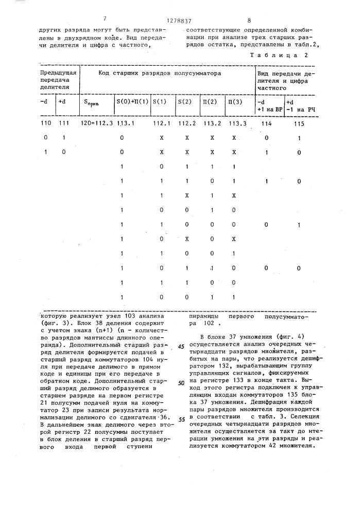 Устройство для умножения и деления с плавающей точкой (патент 1278837)