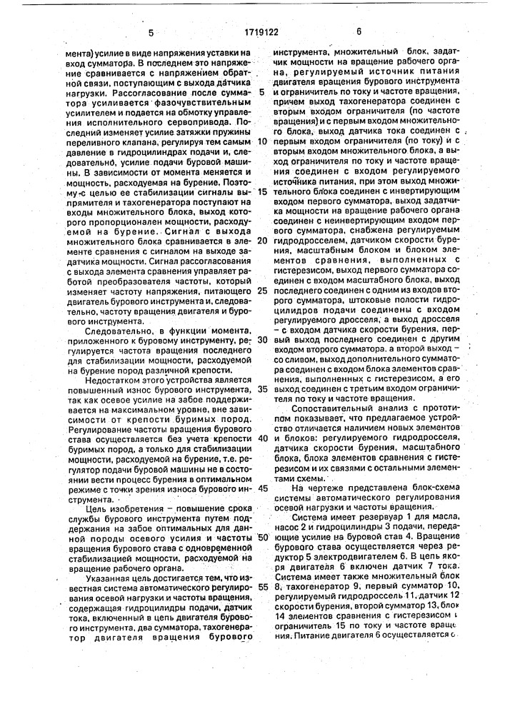 Система автоматического регулирования осевой нагрузки частоты вращения (патент 1719122)