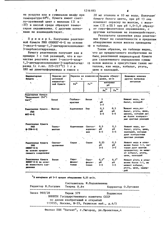 1-оксо-1,2-дигидроизохинолин-3-карбоксигидразиды в качестве полупродуктов синтеза реактивной индикаторной бумаги для определения ионов железа в кислой среде (патент 1216185)