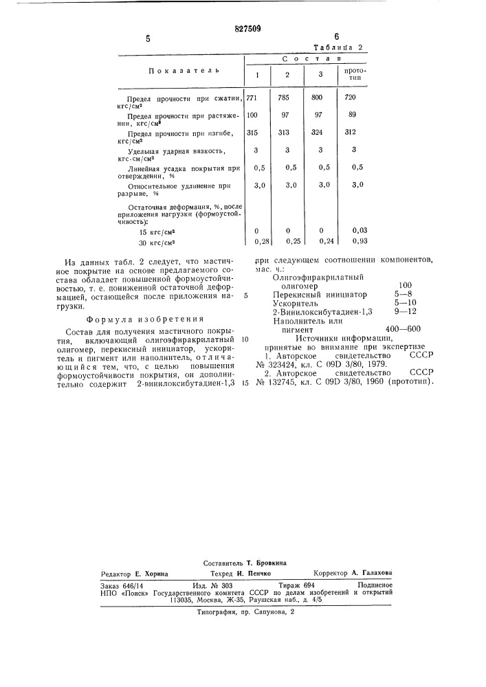 Состав для получения мастичного покрытия (патент 827509)