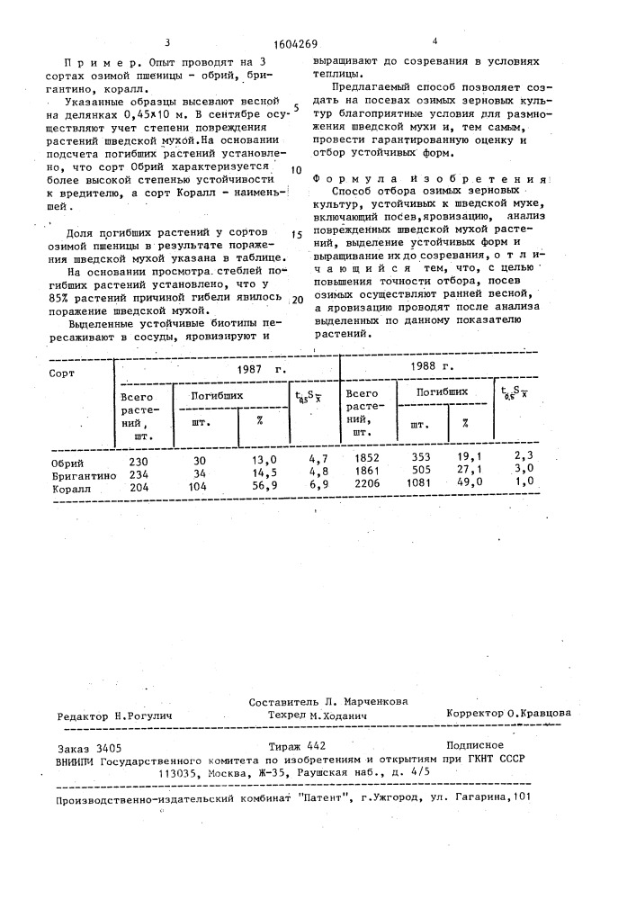 Способ отбора озимых зерновых культур, устойчивых к шведской мухе (патент 1604269)