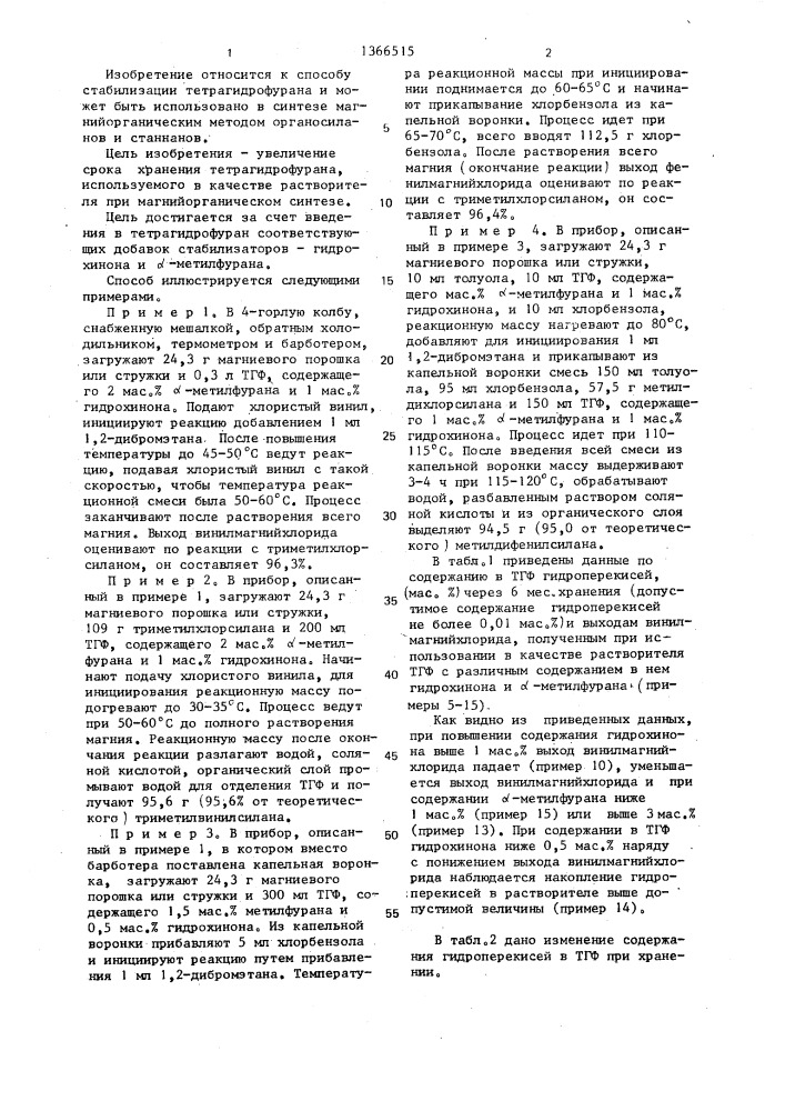 Способ стабилизации тетрагидрофурана для магнийорганического синтеза (патент 1366515)