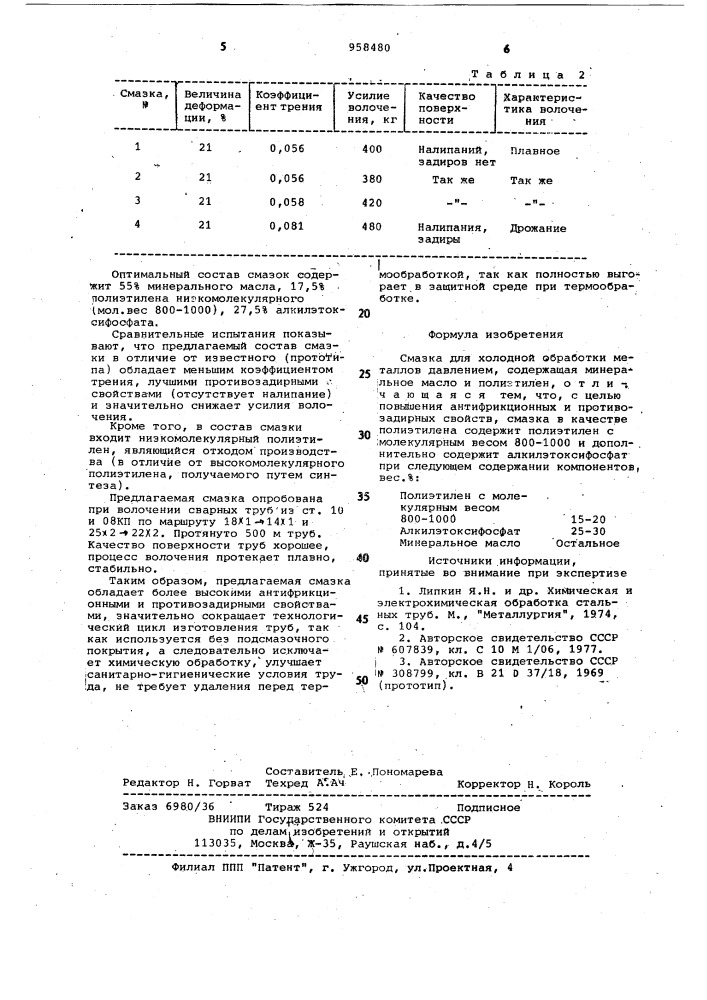 Смазка для холодной обработки металлов давлением (патент 958480)