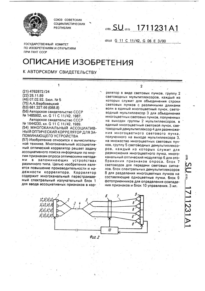 Многоканальный ассоциативный оптический коррелятор для запоминающего устройства (патент 1711231)