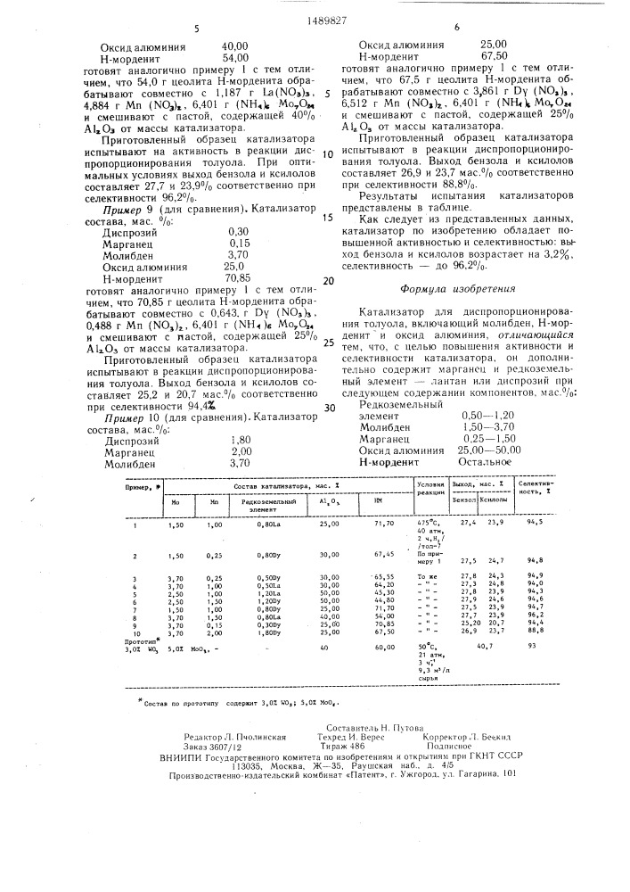 Катализатор для диспропорционирования толуола (патент 1489827)