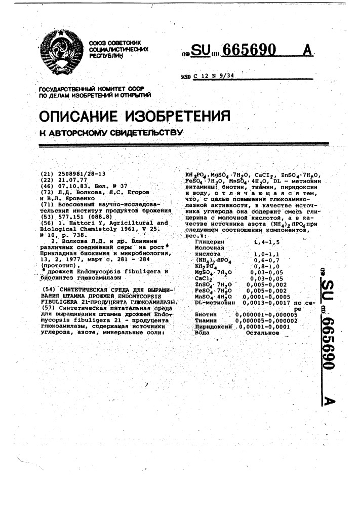 Синтетическая питательная среда для выращивания штамма дрожжей @ @ 21-продуцента глюкоамилазы (патент 665690)