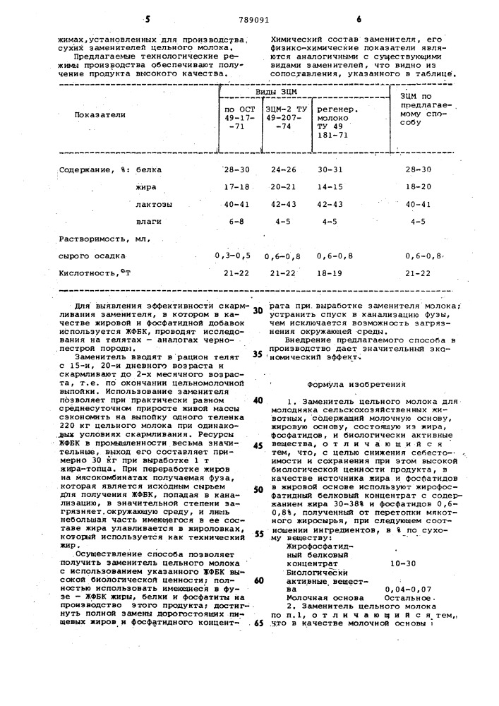 Заменитель цельного молока для молодняка сельскохозяйственных животных и способ его получения (патент 789091)