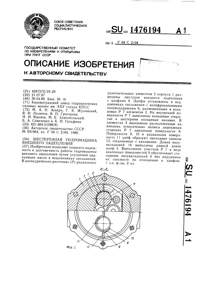 Шестеренная гидромашина внешнего зацепления (патент 1476194)