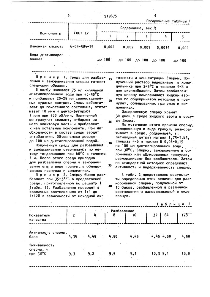 Среда для разбавления и замораживания спермы быков (патент 919675)