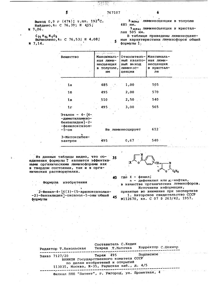 2-фенил-4-/4(3)-(5-арилоксазолил-2) бензилиден/-оксазол-5- оны в качестве органических люминофоров (патент 767107)