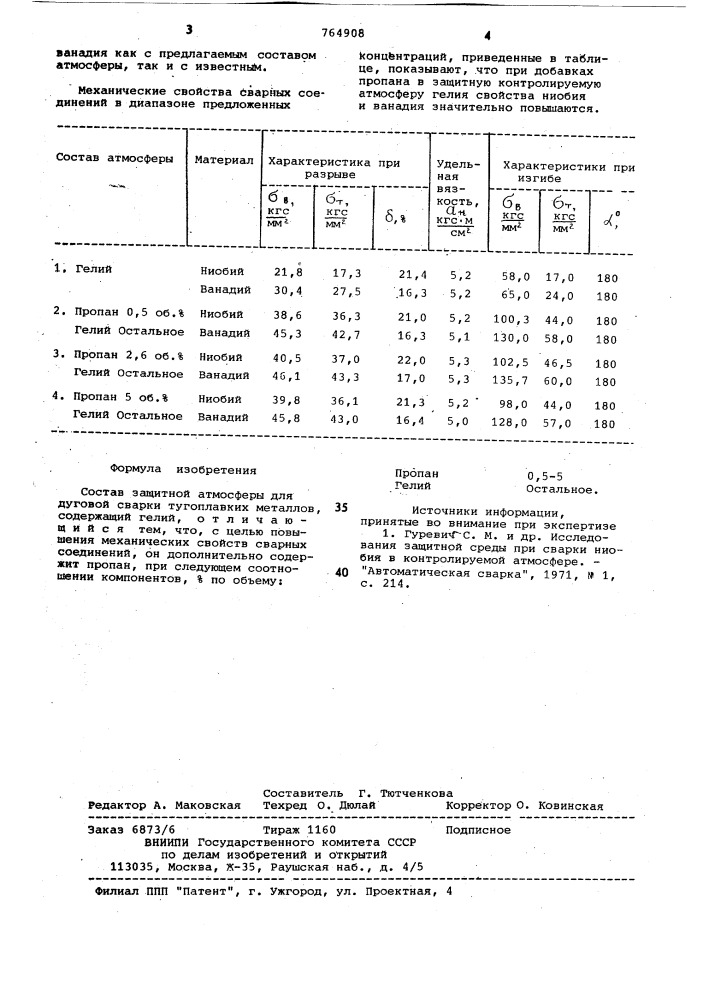 Состав защитной атмосферы для дуговой сварки (патент 764908)