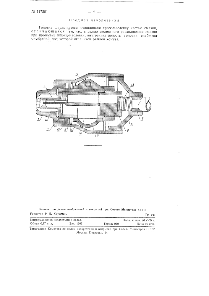 Головка шприц-пресса, очищающая пресс-масленку (патент 117281)