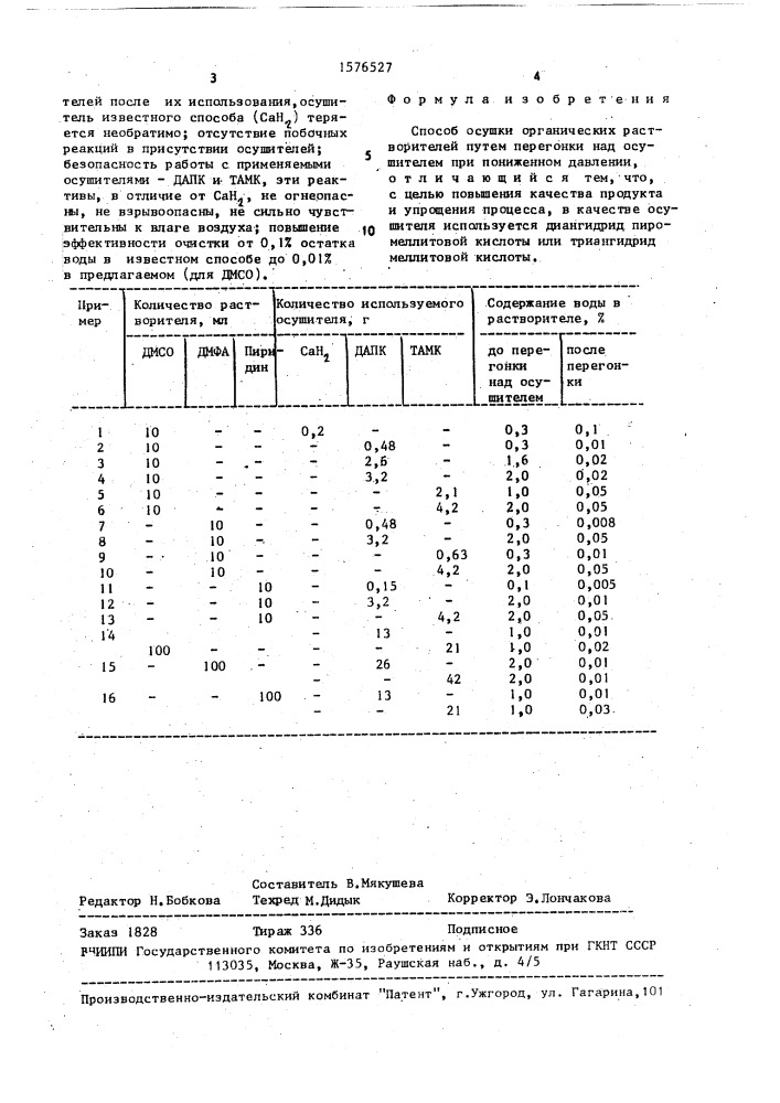 Способ осушки органических растворителей (патент 1576527)