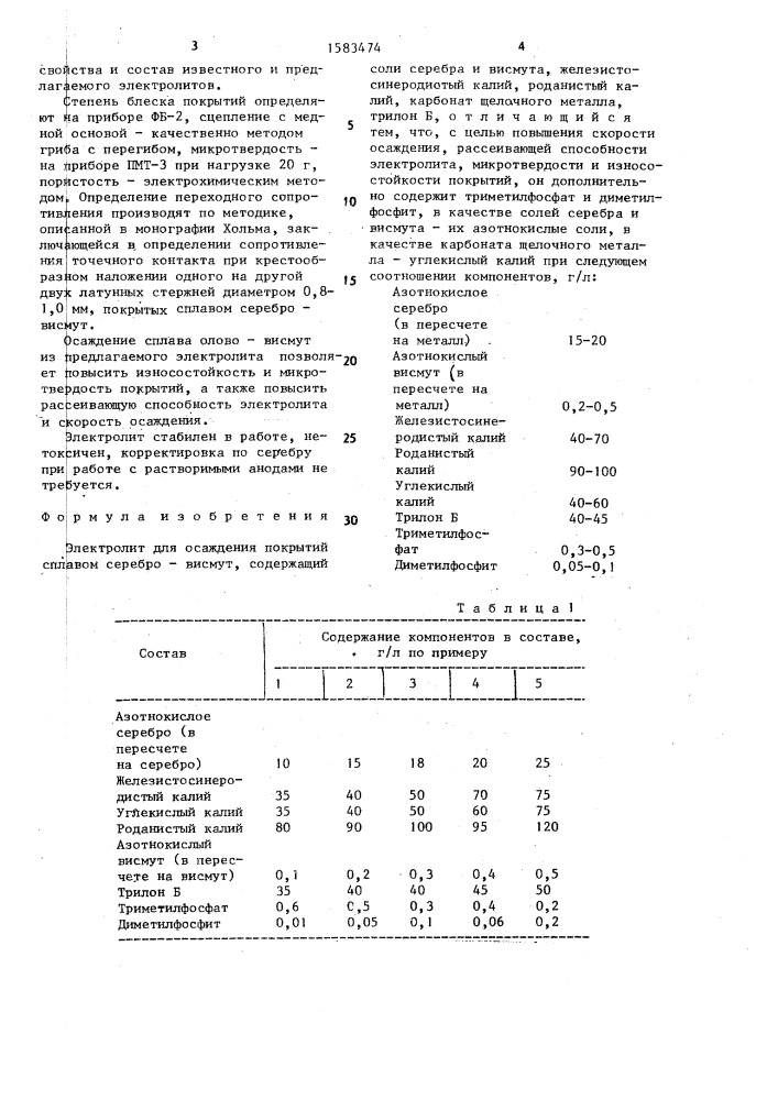 Электролит для осаждения покрытий сплавом серебро-висмут (патент 1583474)