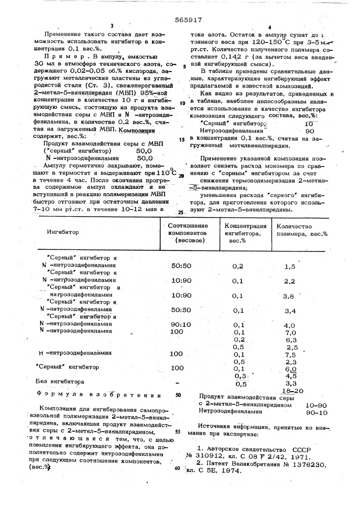 Композиция для ингибирования самопроизвольной полимеризации 2-метил-5-винилпиридина (патент 565917)