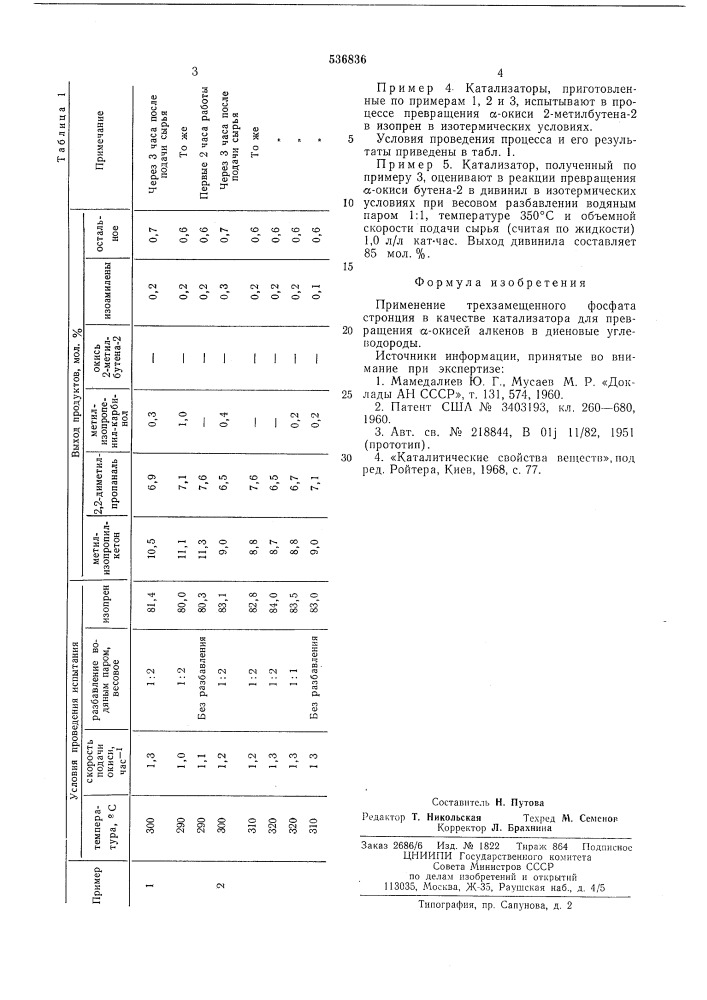 Катализатор для превращения -окисей алкенов в диеновые углеводороды (патент 536836)