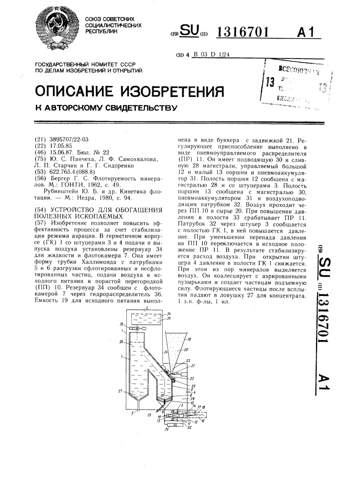 Устройство для обогащения полезных ископаемых (патент 1316701)