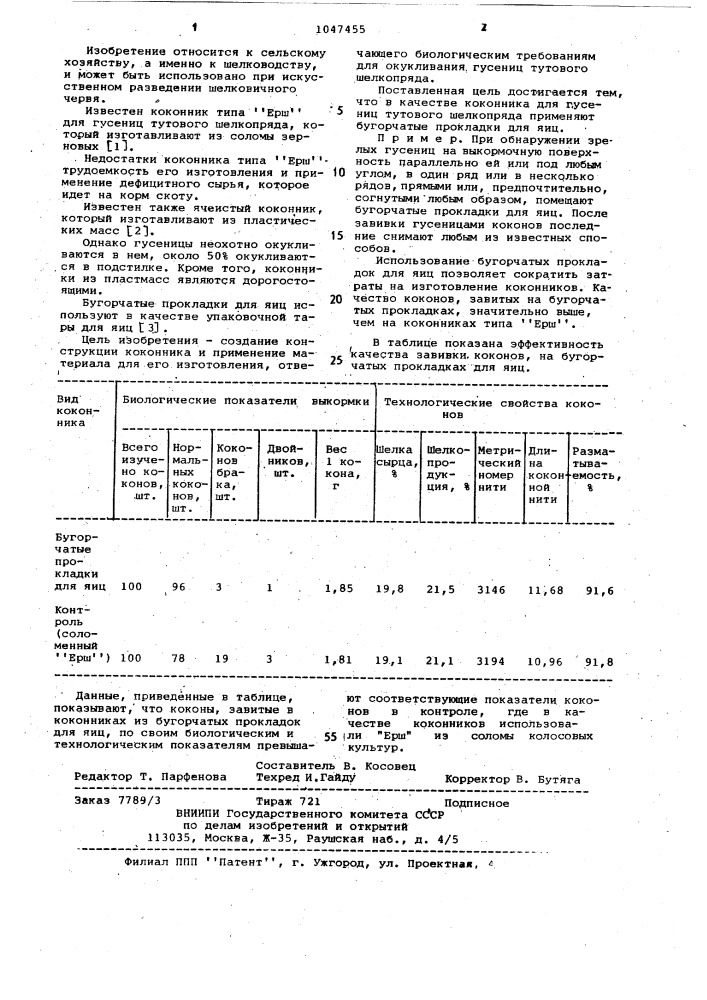 Коконник для гусениц тутового шелкопряда (патент 1047455)